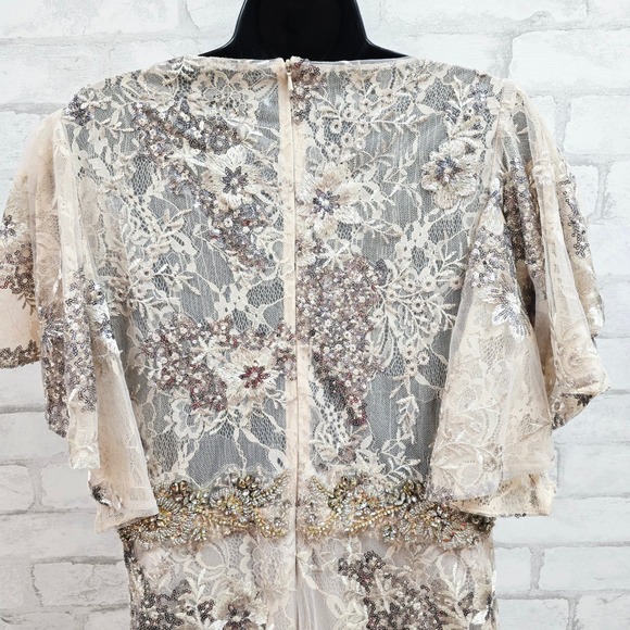 Mac Duggal Women 12 Sequin Beaded Lace Flutter Sleeve Maxi Gown Taupe Champagne - Picture 10 of 14